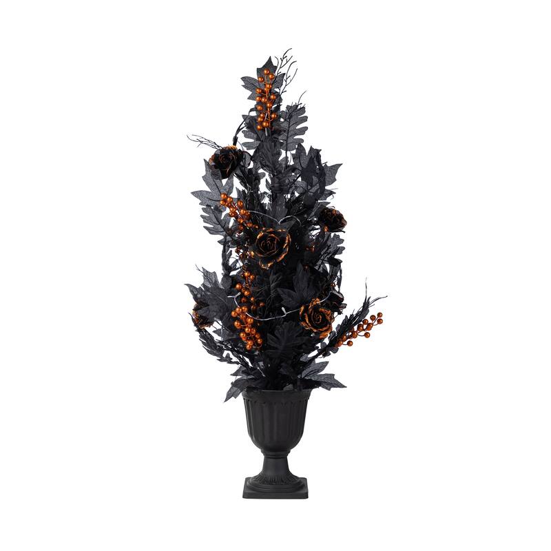 Glitzhome 36"H Halloween Lighted Black Rose Urn Porch Tree with Timer