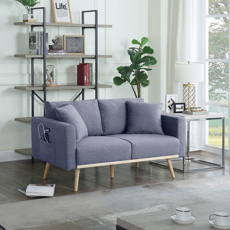 56.5" Dark Gray Linen Fabric Loveseat With Usb Charging Ports Pockets & Pillows
