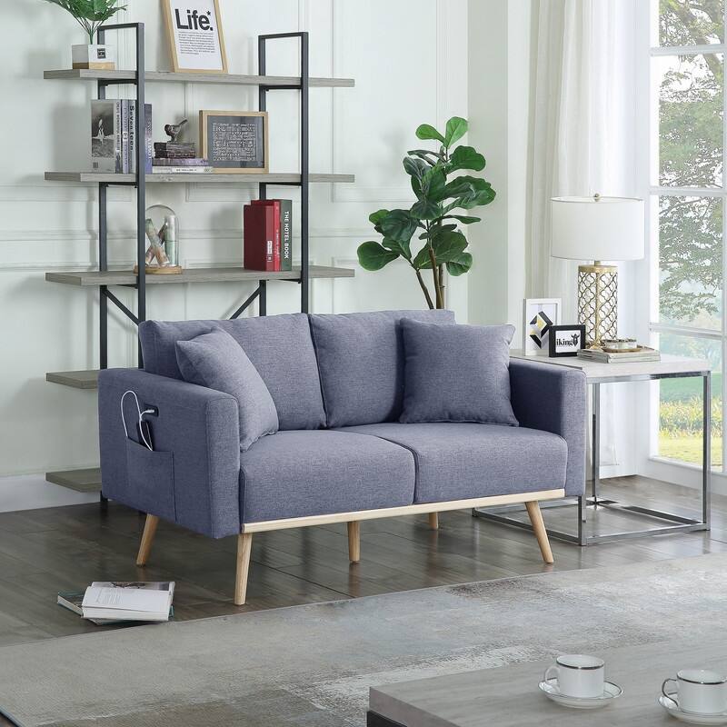 Linen Fabric Deep Seat Loveseat, Couch Settee with USB Ports and Pockets, 2 Seat Couch with Solid Wood Legs and Pillows - Dark Gray