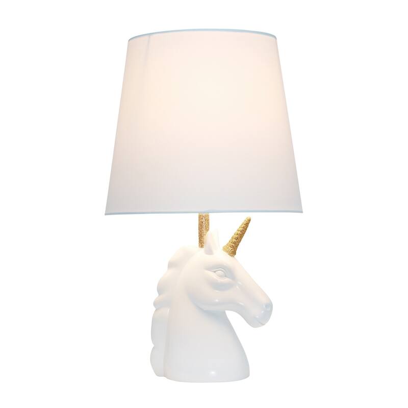 16 in. Matte White and Gold Finish Unicorn Base Table Lamp with White Shade, Childern's Bedroom Lamp