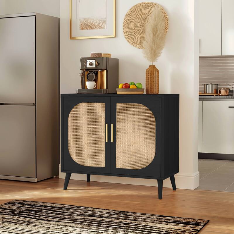 Shoe storage cabinet with 2 Doors and 4 compartments,Rattan Storage Cabinet with Solid Wood Feet