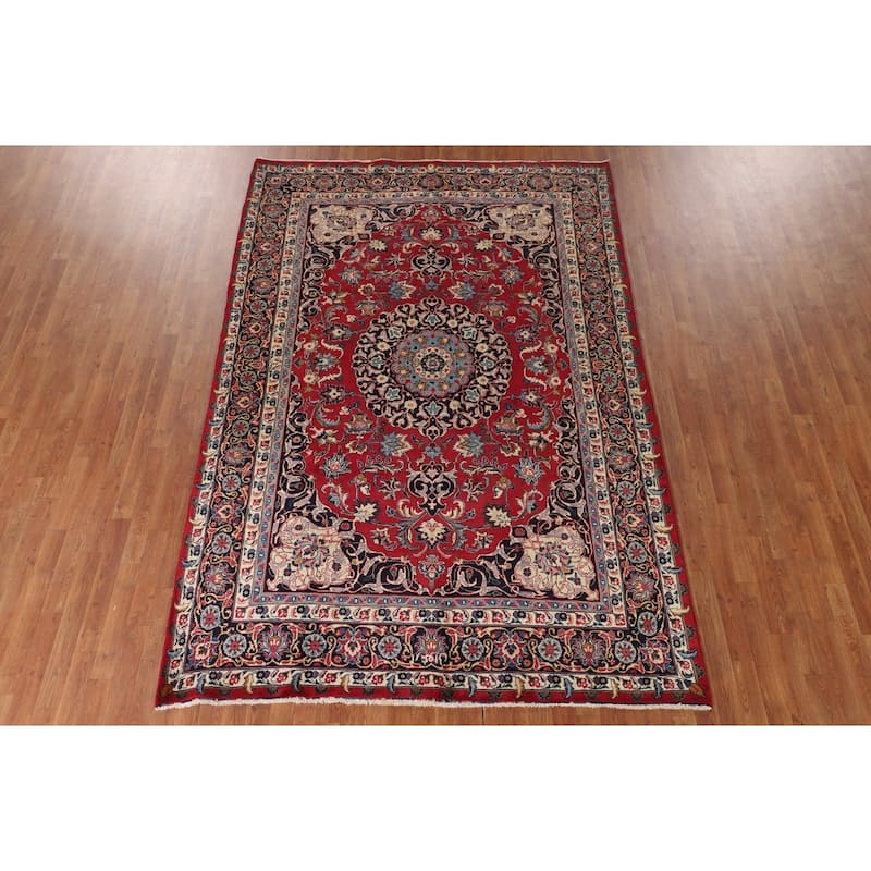 Traditional Red Mashad Persian Vintage Rug Hand-Knotted Wool Carpet - 6'7"x 10'0"