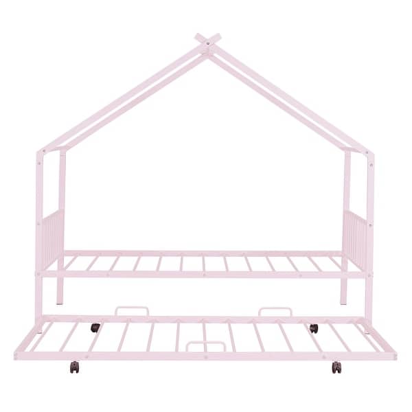 slide 2 of 12, Twin Size Metal House Bed with Twin Trundle & Slats, Kids Bed Frame with Headboard and Footboard, for Kids, Girls, Boys, Pink Pink - Twin
