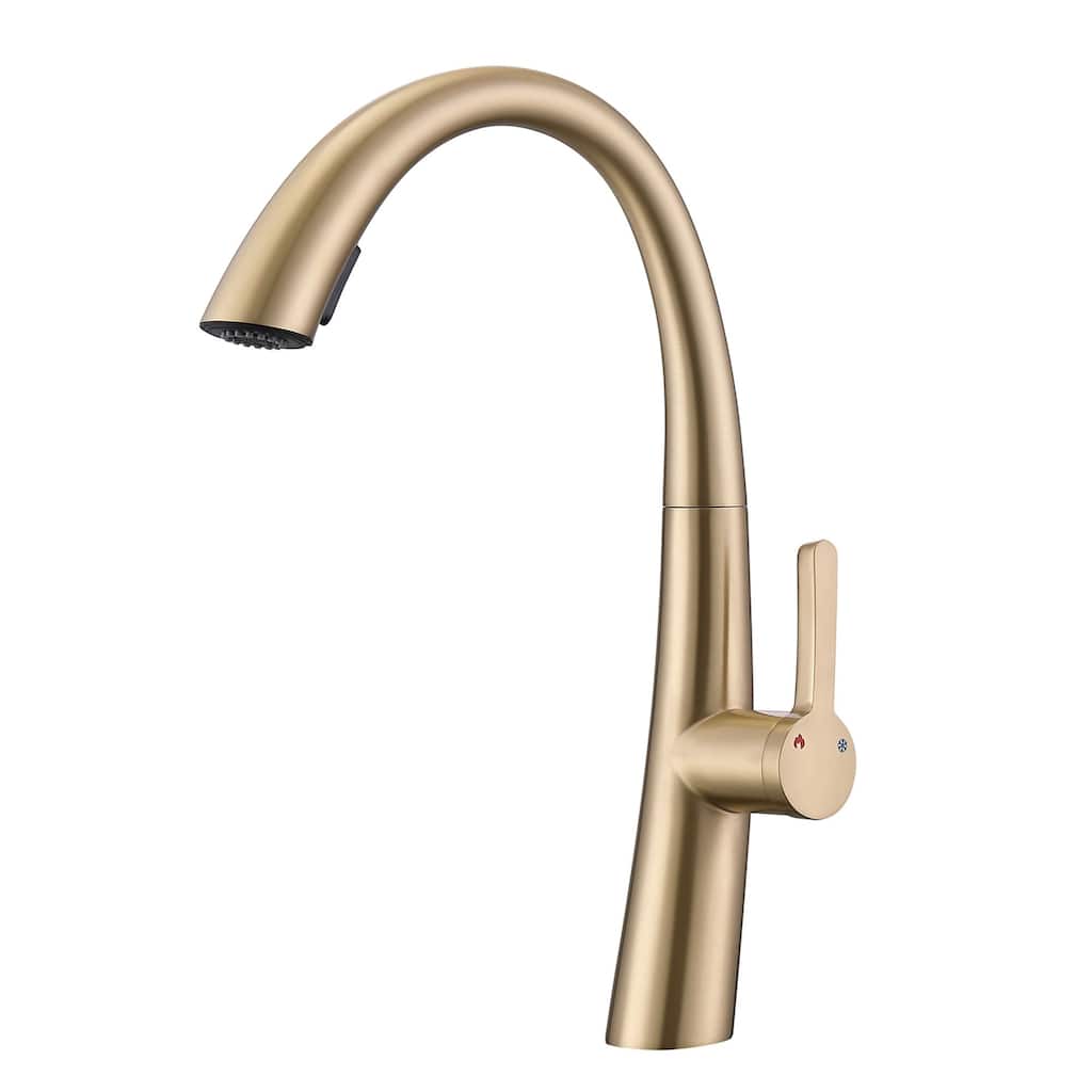 Single Handle Kitchen Faucet with Pull Down Sprayer Modern Single Hole Stainless Steel Kitchen Sink Faucets Brushed Gold