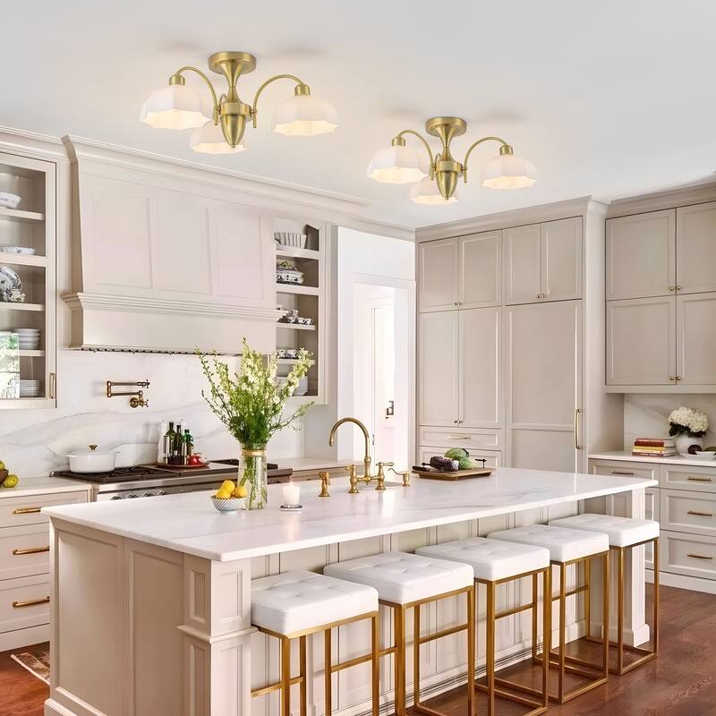 Starsky 3-Light Transitional Flush Mount with Opal Glass Shades - Gold