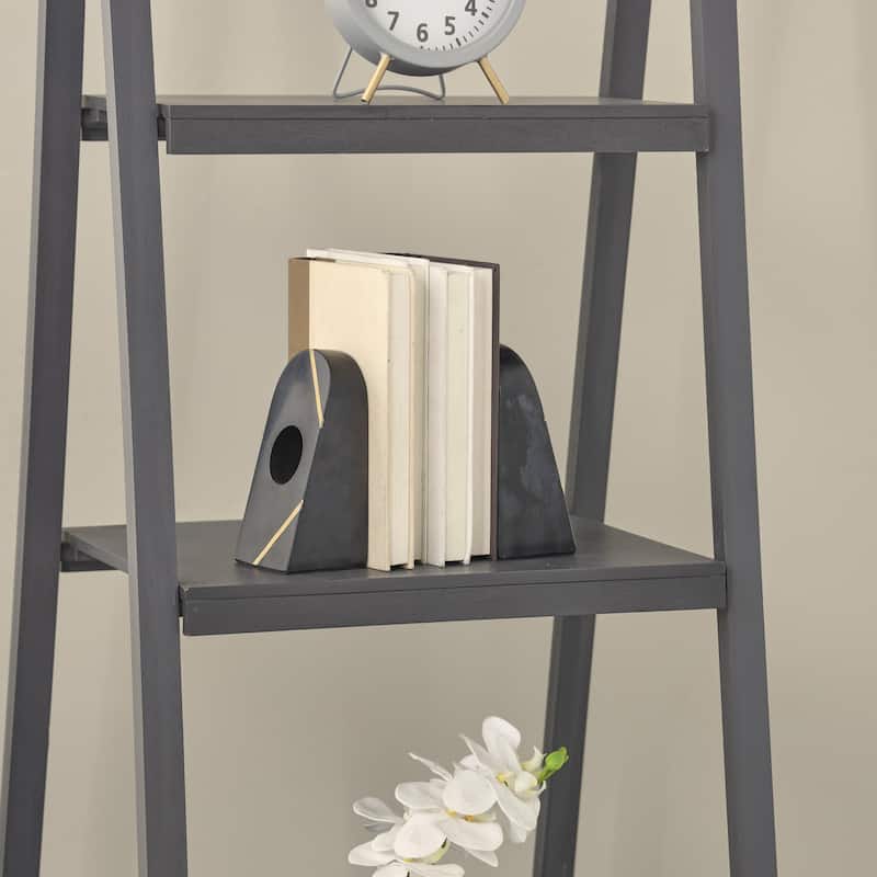 Marble Geometric Curved Pyramid Decorative Bookends with Diagonal Gold Stripes - Set of 2 Black - Roche River Decor