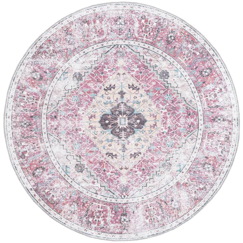 Traditional Tira Collection Area Rug - 6' Round - Light Coral-Pink