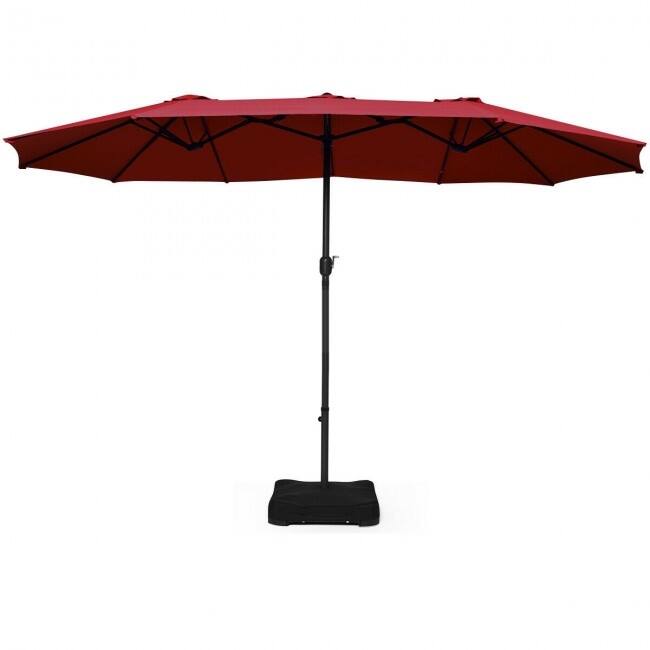 15 Foot Extra Large Patio Double Sided Umbrella with Crank and Base - 15' x 8' (W x H) - Bugundy