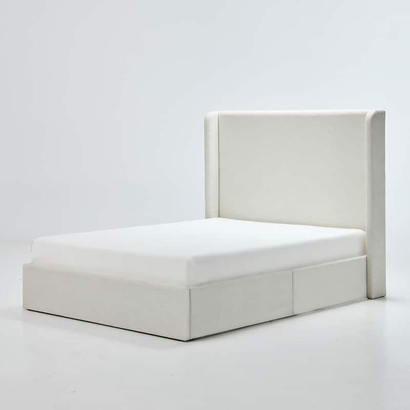 Christopher Knight Home - Carmen Upholstered Wingback Platform Bed Frame, Textured Ivory Chenille, No Box Spring Needed