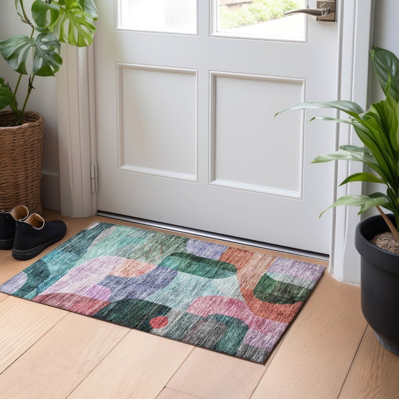 Machine Washable Indoor/ Outdoor Abstract Contemporary Chantille Rug - Green - 1'8" x 2'6"