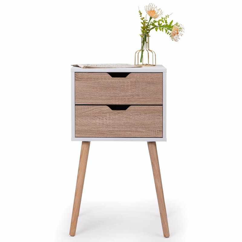 Nightstand with 2 Drawers, Solid Wood Legs, Bedside Table