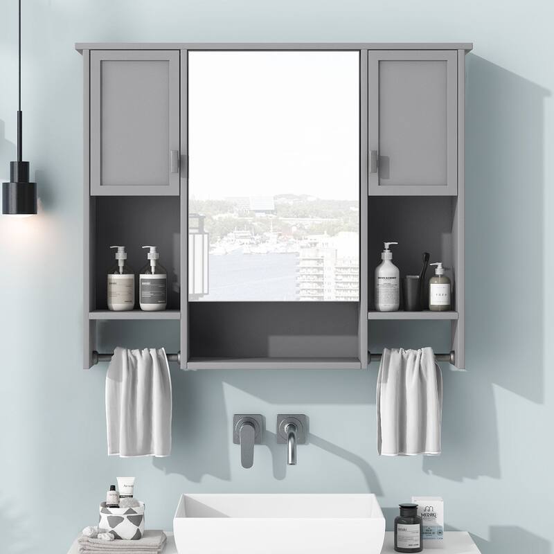 35'' x 28'' Modern Wall Mounted Bathroom Storage Cabinet with Mirror, 3 Doors, Adjustable Shelves, Towel Bar, Black