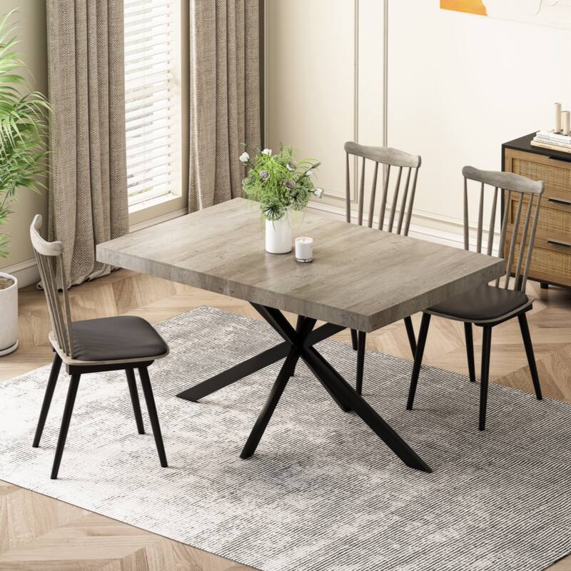 55.11" -70.86"Retro Rectangular Stretch Dining Table, Antique Wood Top And Black Relief Plate