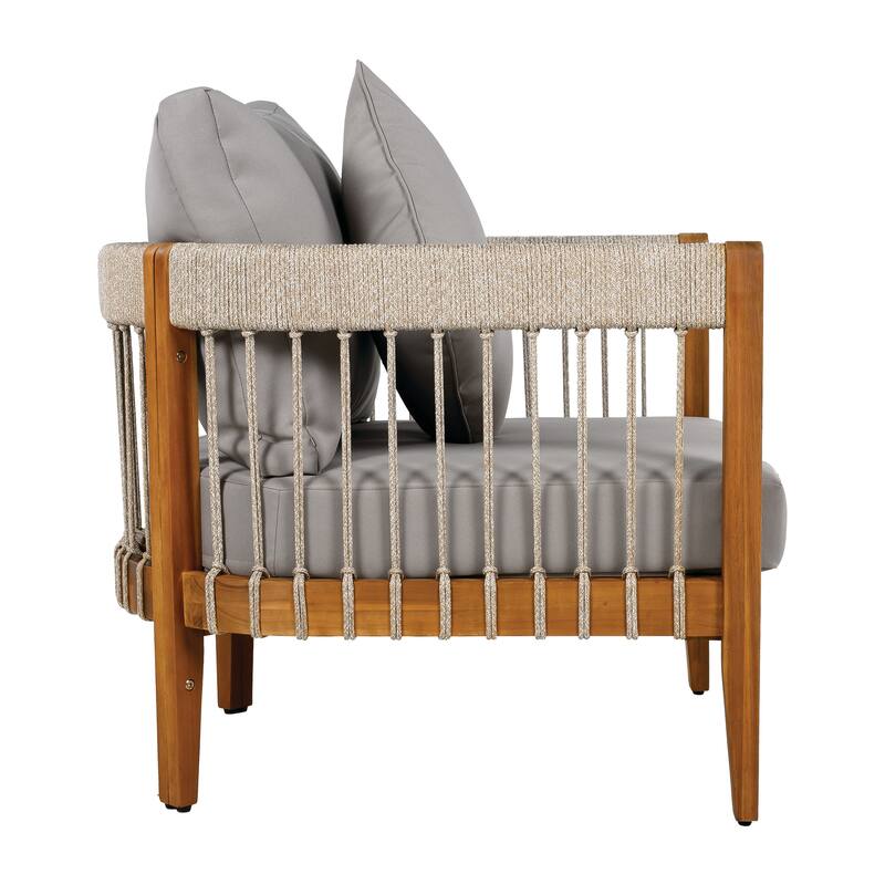 Acacia Wood Outdoor Club Chair with Handwoven Rope & Curved Back, Water-Resistant Patio Lounge Chair with Removable Cushions