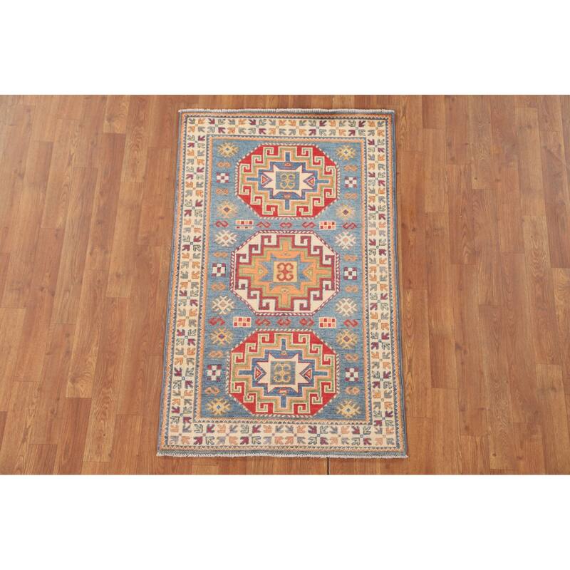 Light Blue Kazak Accent Rug Handmade Wool Carpet - 2'7" x 4'3"