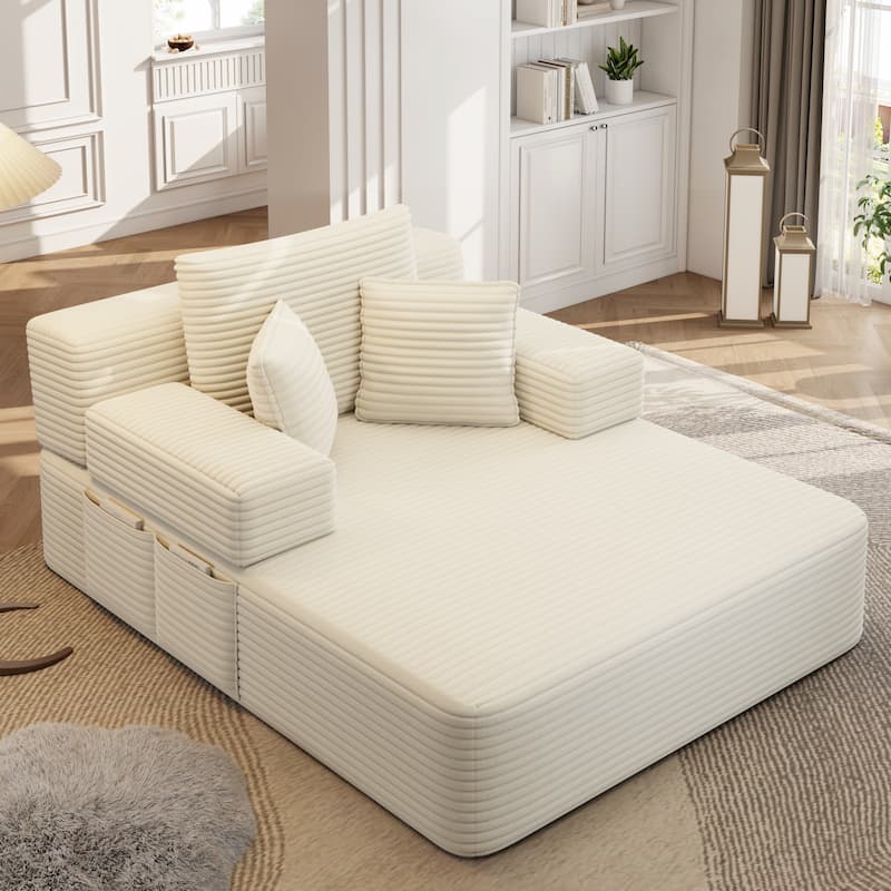 Luxurious Plush Corduroy Chaise Lounge Convertible Sofa Bed with Storage Pocket and Wide Armrests - Beige