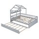 preview thumbnail 17 of 22, Pine Wood House-Shaped Bed with Twin Size Retractable Trundle, Kids Toddler Platform Bed with Apex Roof & Shelf, Full Size