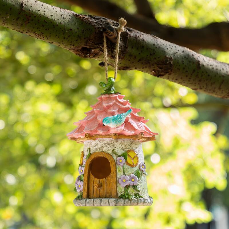 Glitzhome 9''H Resin Pink Yellow Roof Outdoor Garden Birdhouse