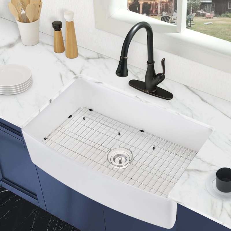 PROOX 30" W X 20" D Single Bowl Kitchen Apron-front Ceramic Porcelain Sink with Accessories - 30" W X 20" D