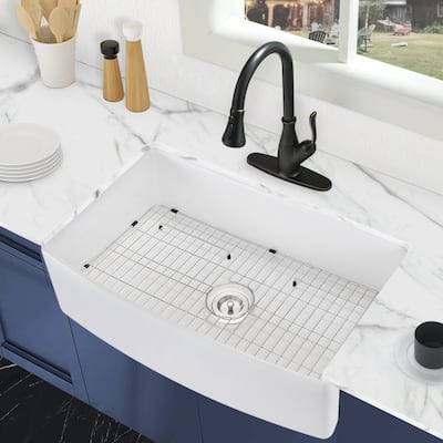 PROOX 30" W X 20" D Single Bowl Kitchen Apron-front Ceramic Porcelain Sink with Accessories - 30" W X 20" D