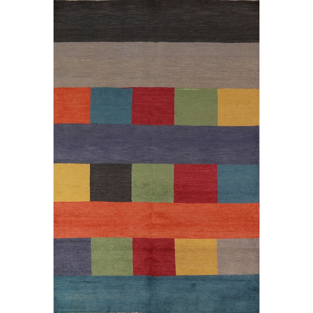 Hand Knotted Oriental 100% Wool Carpet Modern Geometric Multi-Colored Gabbeh Area Rug - 8' 1'' X 5' 1''