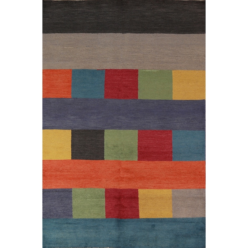 Hand Knotted Oriental 100% Wool Carpet Modern Geometric Multi-Colored Gabbeh Area Rug - 8' 1'' X 5' 1''