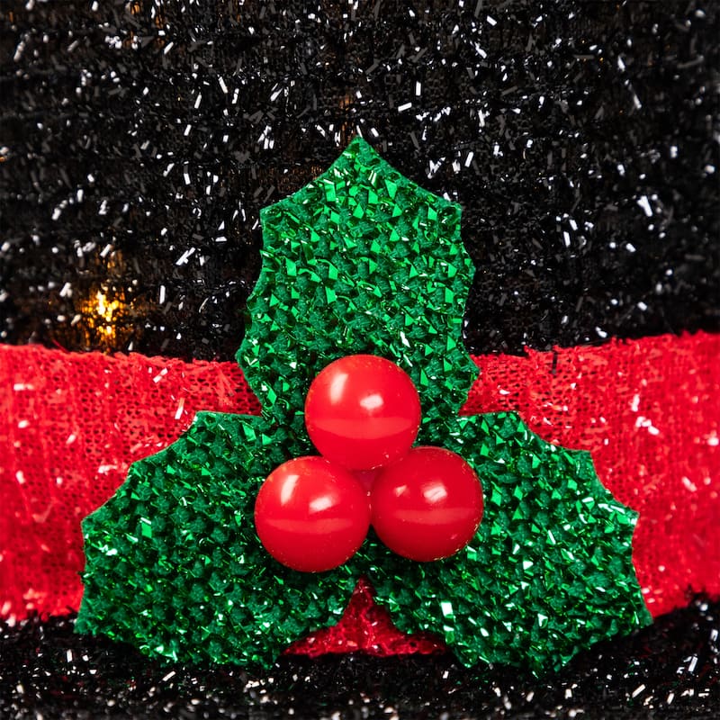 9.25" Lighted Black Tinsel Top Hat Christmas Tree Topper, Clear Lights