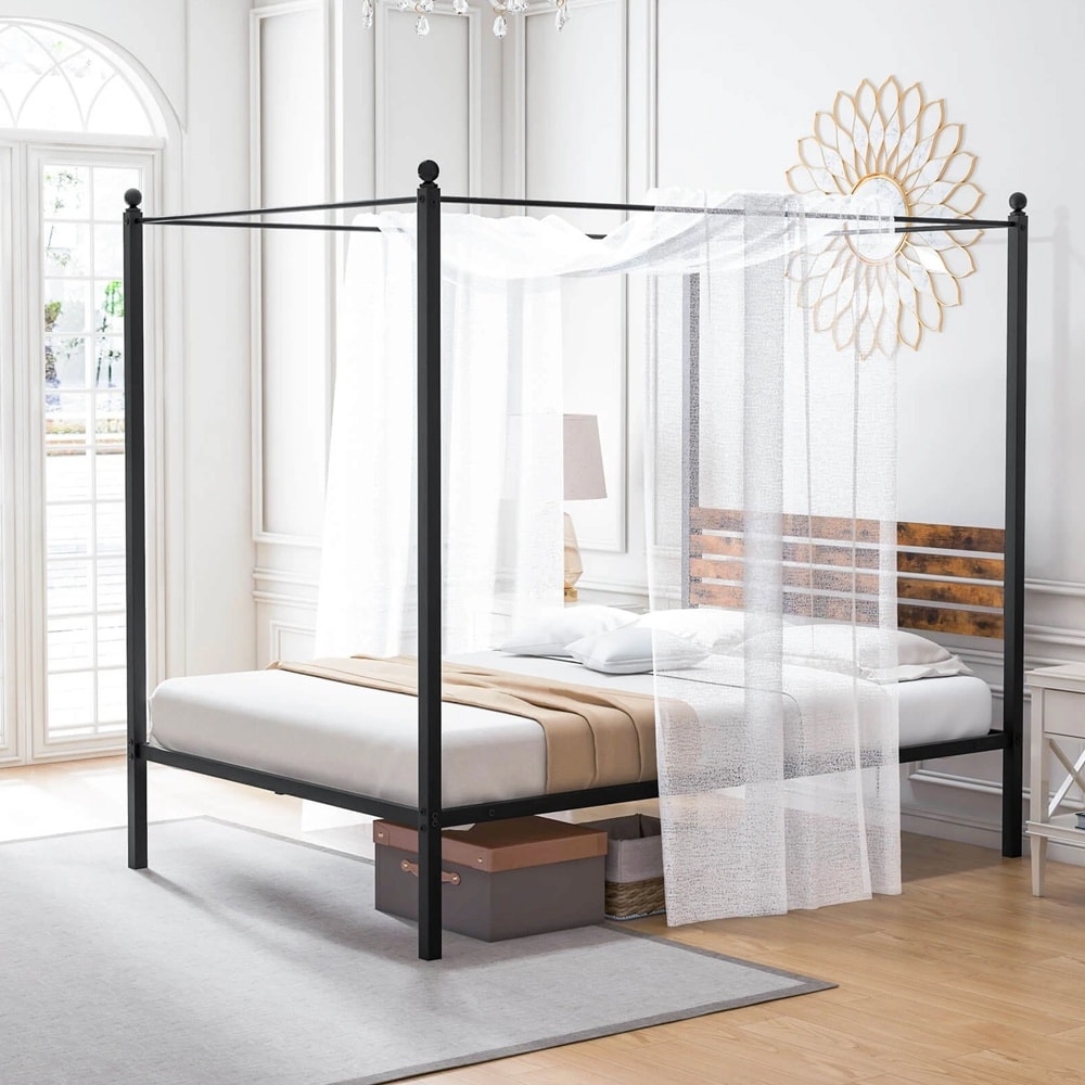 Full 4-Post Canopy Bed Frame Rustproof Metal Noise-free with Foot Pads