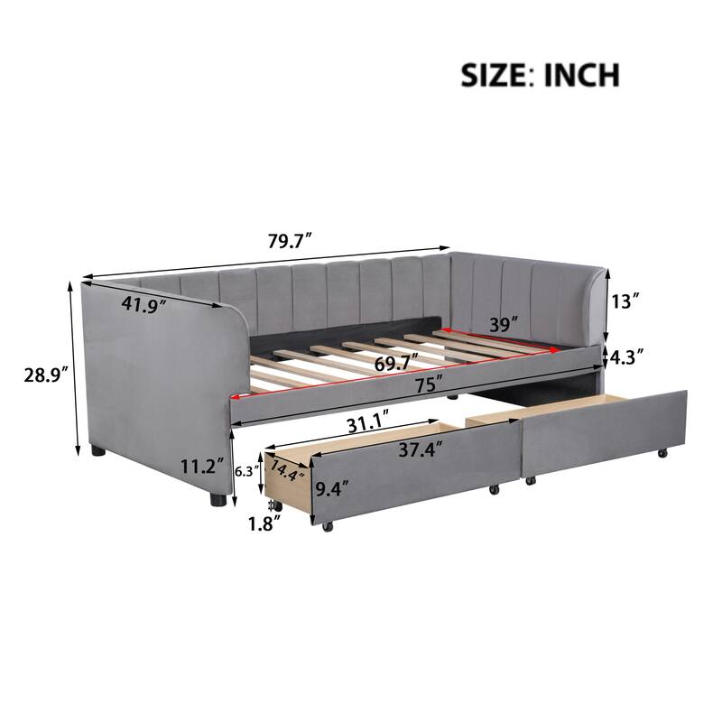 Twin Upholstered Daybed with 2 Drawers for Storage, Ergonomic Backrest, and Stripe Headboard, Perfect for Small Spaces