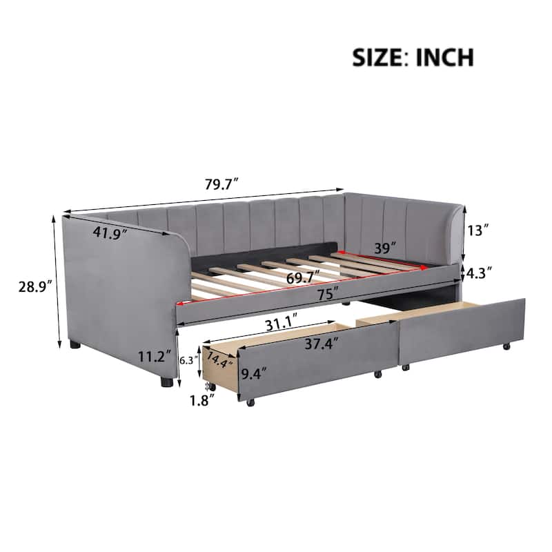 Velvet Upholstered Daybed with Stripe Shaped Backrest & 2 Armrests, Wood Panel Bed Frame with 2 Drawers or Trundle Bed