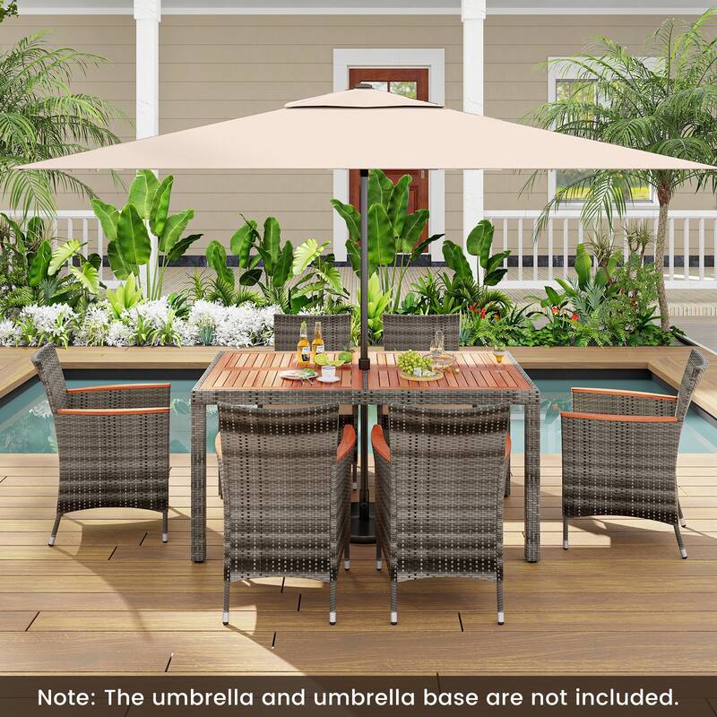 Cushioned 7-Piece Patio Dining Set in Acacia Wood and PE Rattan Wicker - 59" L x 35.5" W x 29" H