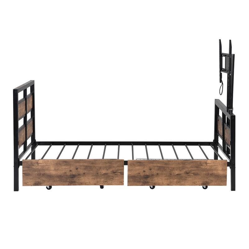 Twin Metal Platform Bed with Storage Drawers, Rotatable TV Stand, MDF Headboard - Black