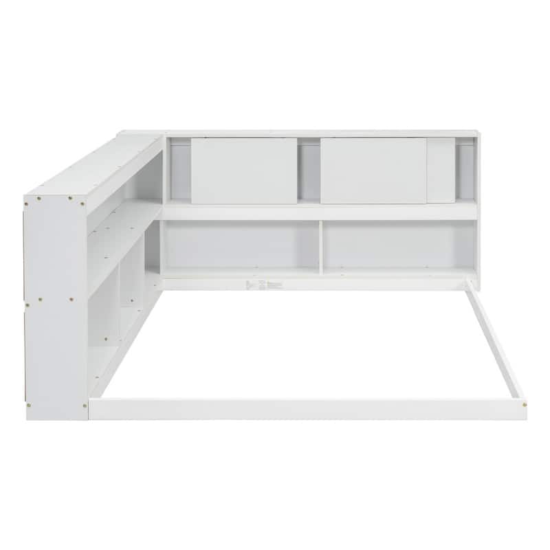 Full Floor Bed Frame with L-shaped Bookcases, Sliding Doors,without Slats