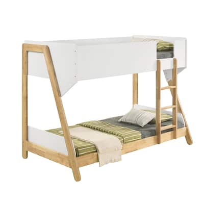Wooden Twin Over Twin Bunk Bed with Ladder in White and Natural