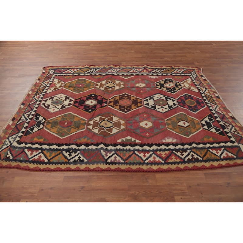 Hand Woven Oriental 100% Wool Carpet Southwestern Tribal Red Kilim Area Rug - 6' 11'' X 5' 3''