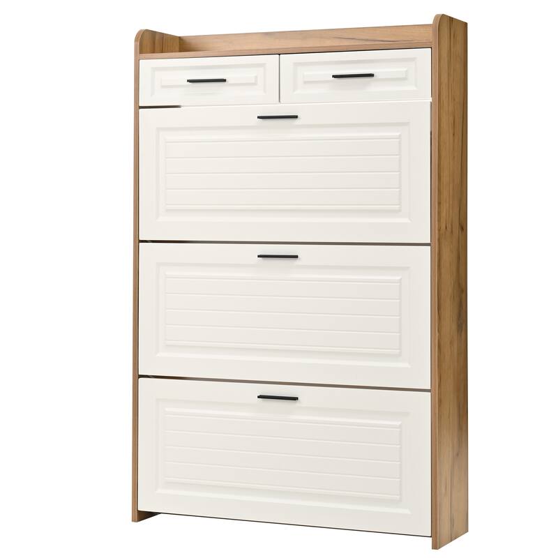 Shoe Cabinet with 3 Flip Drawers & 2 Drawers, Hidden Slim Shoe Rack Cabinet, Wood Entryway Narrow Shoe Storage Cabinet