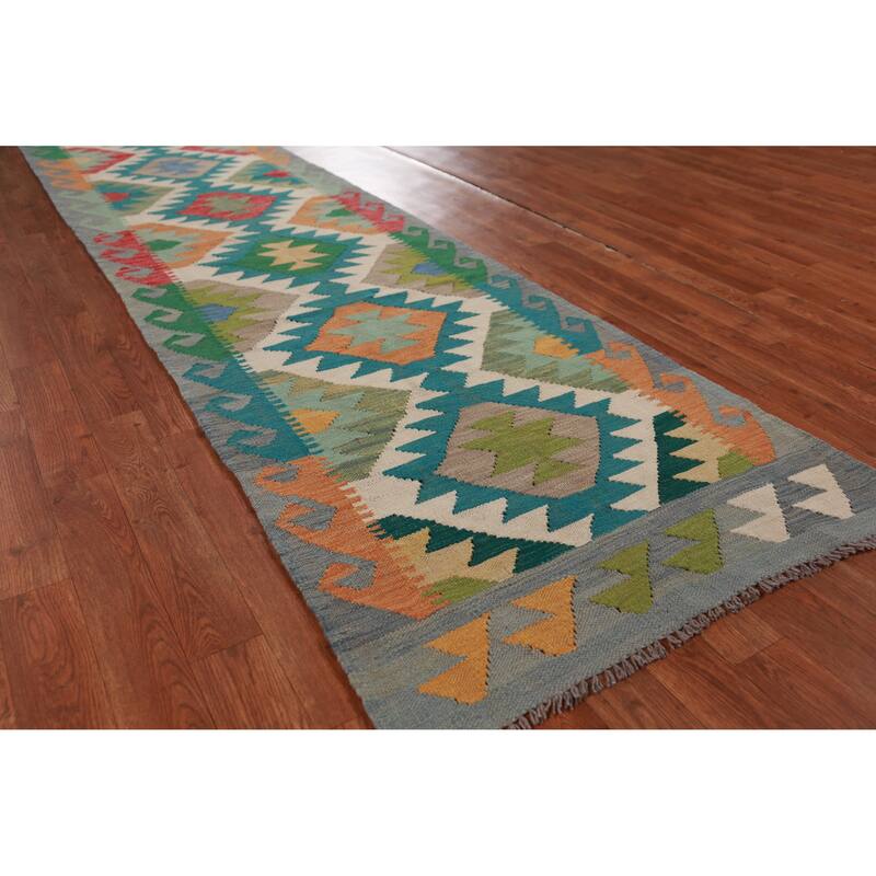 Hand Woven Oriental 100% Wool Carpet Southwestern Geometric Green Kilim Runner Rug - 13' 1'' X 2' 7''