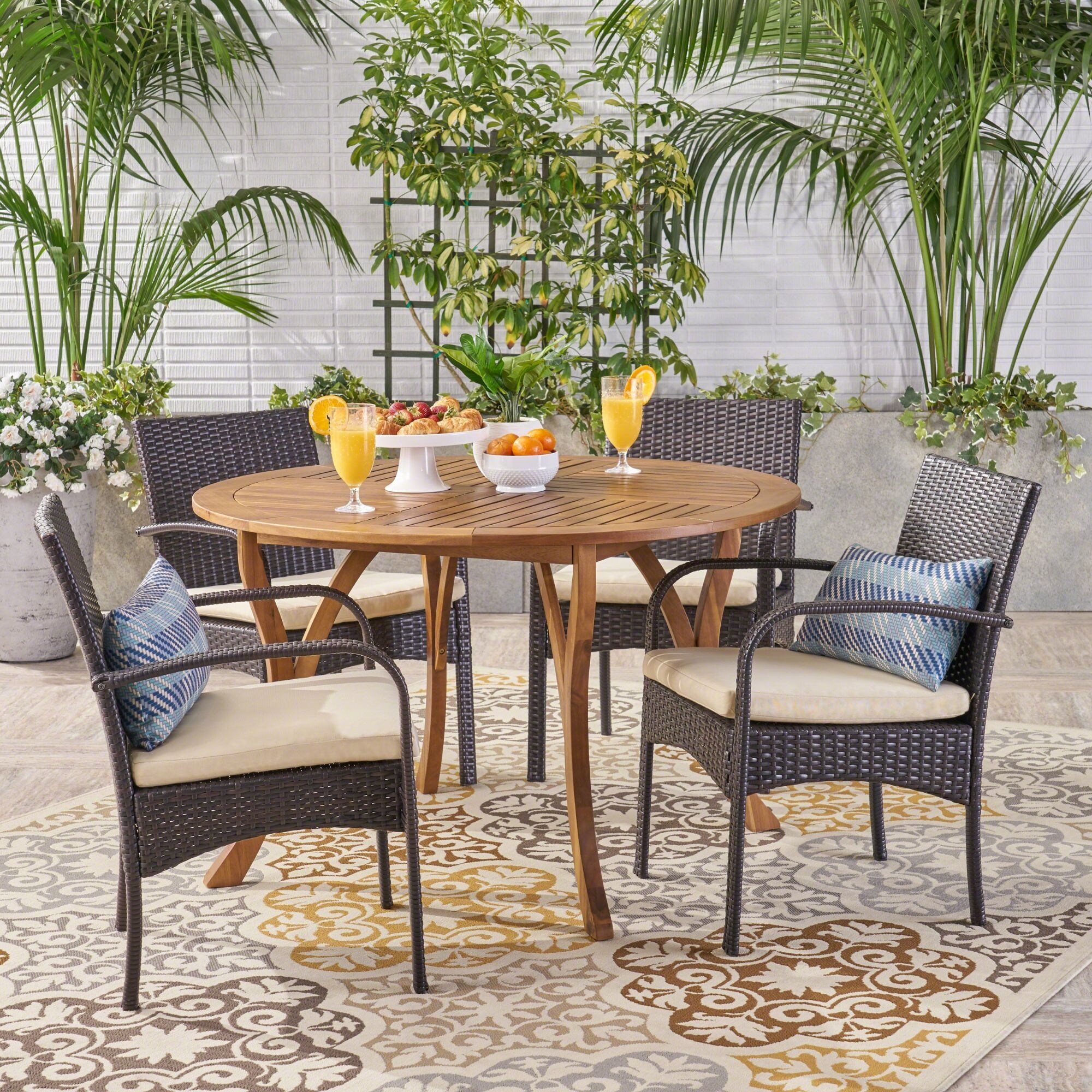 5-Piece Brown Wood and Wicker Outdoor Furniture Patio Dining Set