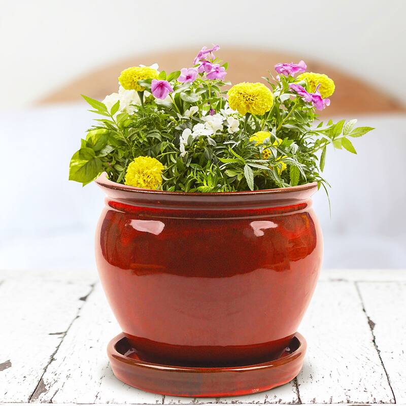 Southern Patio Wisteria 8" Round Ceramic Planter Pot with Saucer, Red (3 Pack) - 4.41