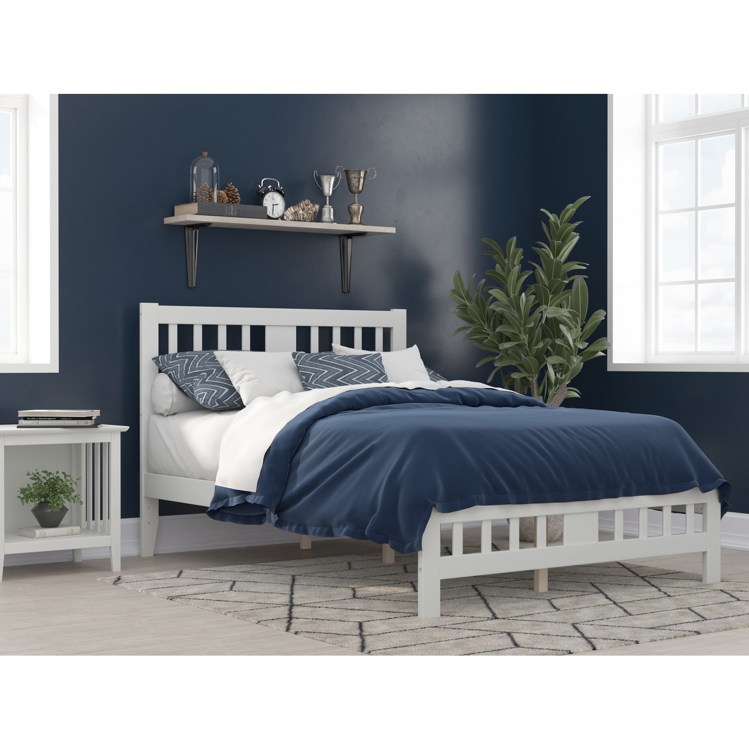 Full Bed with Footboard - Rustic White Bed Frame - Solid Wood & Veneer - No Box Spring Needed