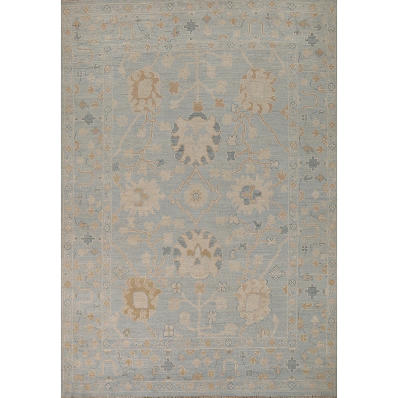 Vegetable Dye Oushak Turkish Rug Hand-Knotted Blue Wool Carpet - 4'11"x 6'11"
