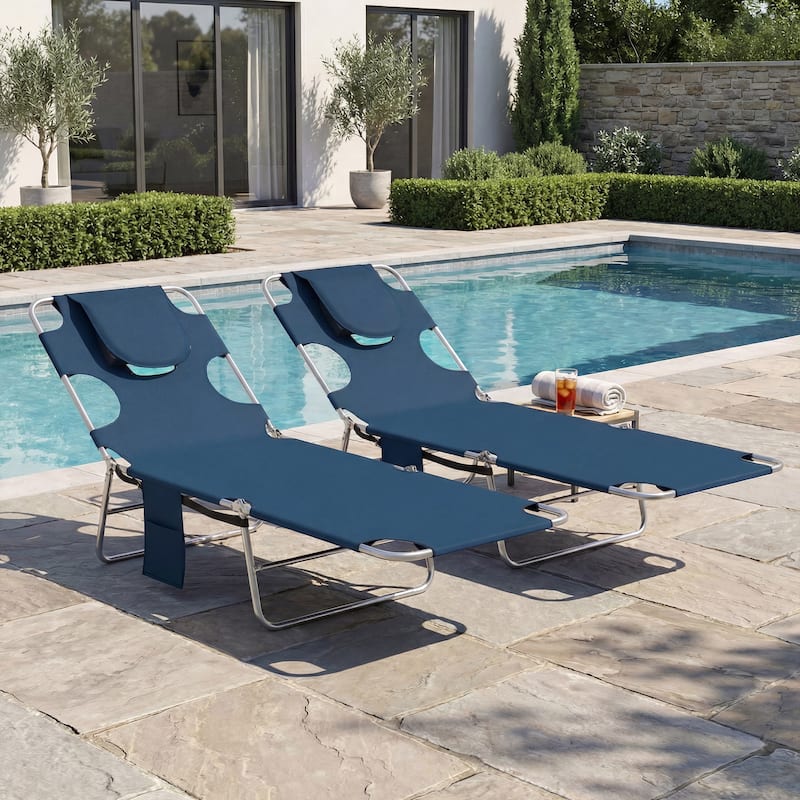 Outsunny Chaise Lounge Chair Outdoor Set of 2 with Face Arm Hole, 5-Position Reclining Face Down Tanning Chair with Carry Strap
