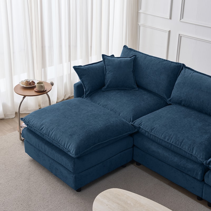 Chenille Upholstered L-shaped Sectional Sofa 3 Seater Modular Couch with Ottoman, Pillows and Double Layer Seat Cushions