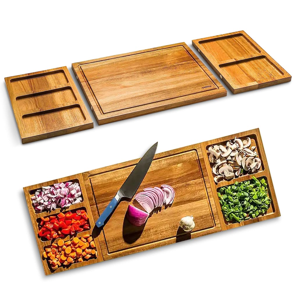 Cheer Collection Acacia Cutting Board Set with Magnetic Trays