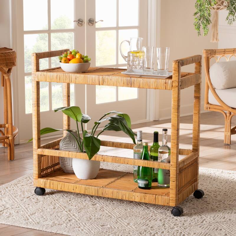 Genet Modern Bohemian Natural Brown Rattan and Teak Wood 2-Tier Kitchen Cart