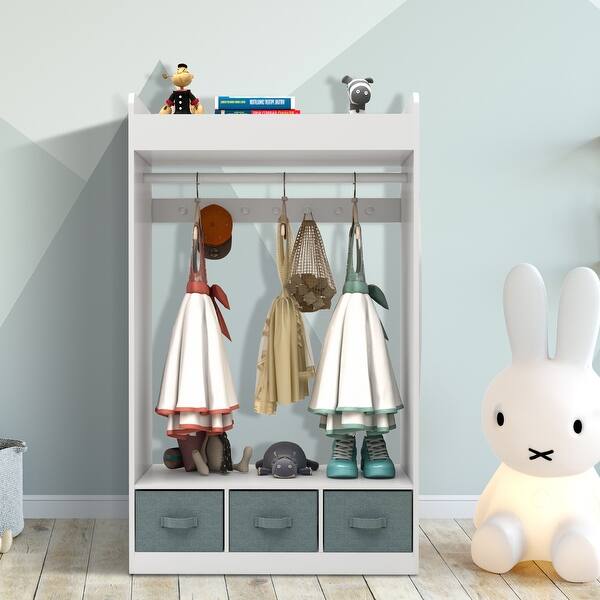 slide 2 of 10, Kids Costume Organizer, Costume Rack, Kids Armoire, Open Hanging Armoire Closet With Mirror White