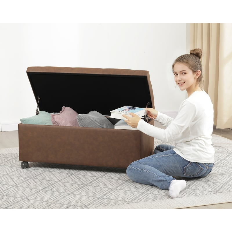 Adeco 35" Storage Ottoman Tufted Faux-Leather Lifted Top Bench