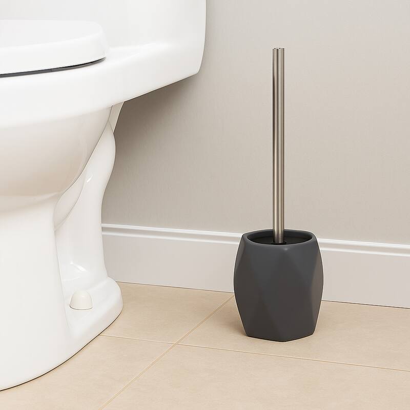 Bath Toilet Bowl Brush and Holder Diamond Stoneware Grey - 4.80"L x 4.60"W x 15 inchesH