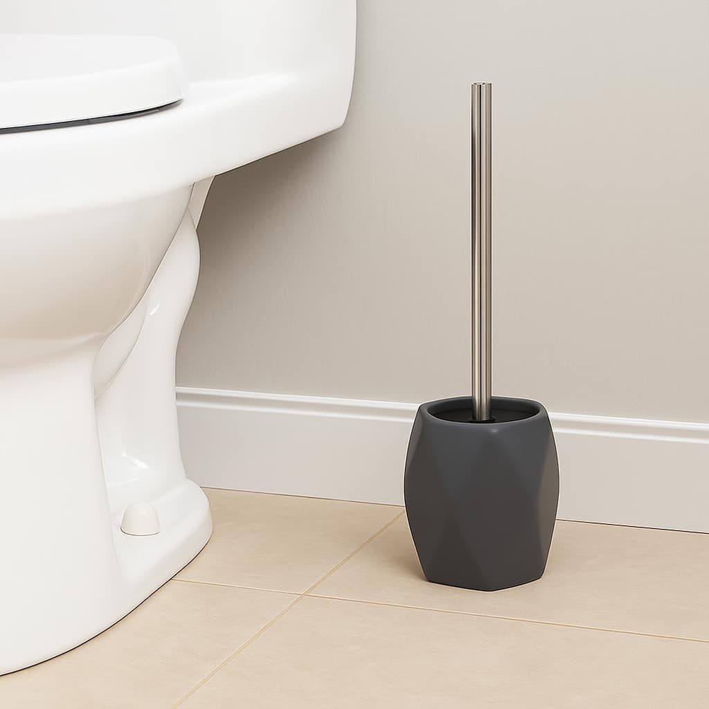 Bath Toilet Bowl Brush and Holder Diamond Stoneware Grey - 4.80"L x 4.60"W x 15 inchesH