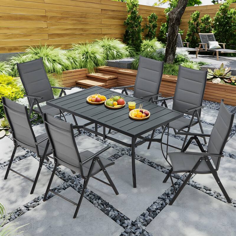 Versatile Outdoor Dining Sets w Swivel/Folding Chairs & Steel Slat Table and HDPE Dining Table Set for Gardens, Patios - 7-Piece - Folding-Grey
